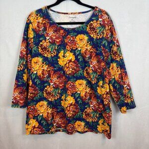 Serengetti Women's Floral Colorful 100% Cotton 3/4‎ sleeve stretch top size XL